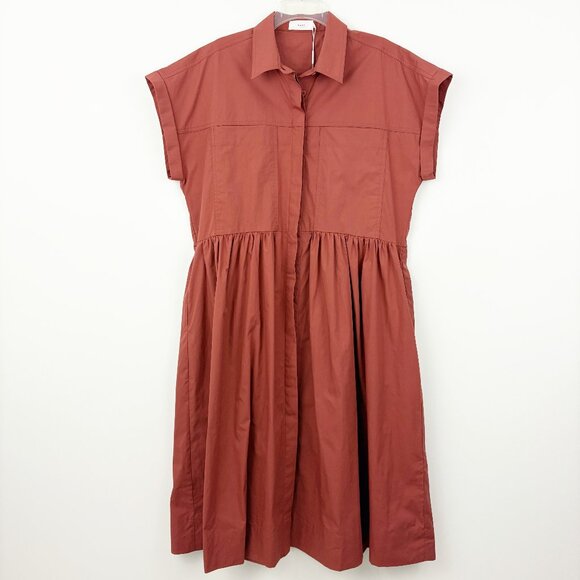 NWT MAYE Harper Shirtdress Size L Cinnamon Midi Cotton Poplin Cap Sleeve Pockets - Picture 2 of 15